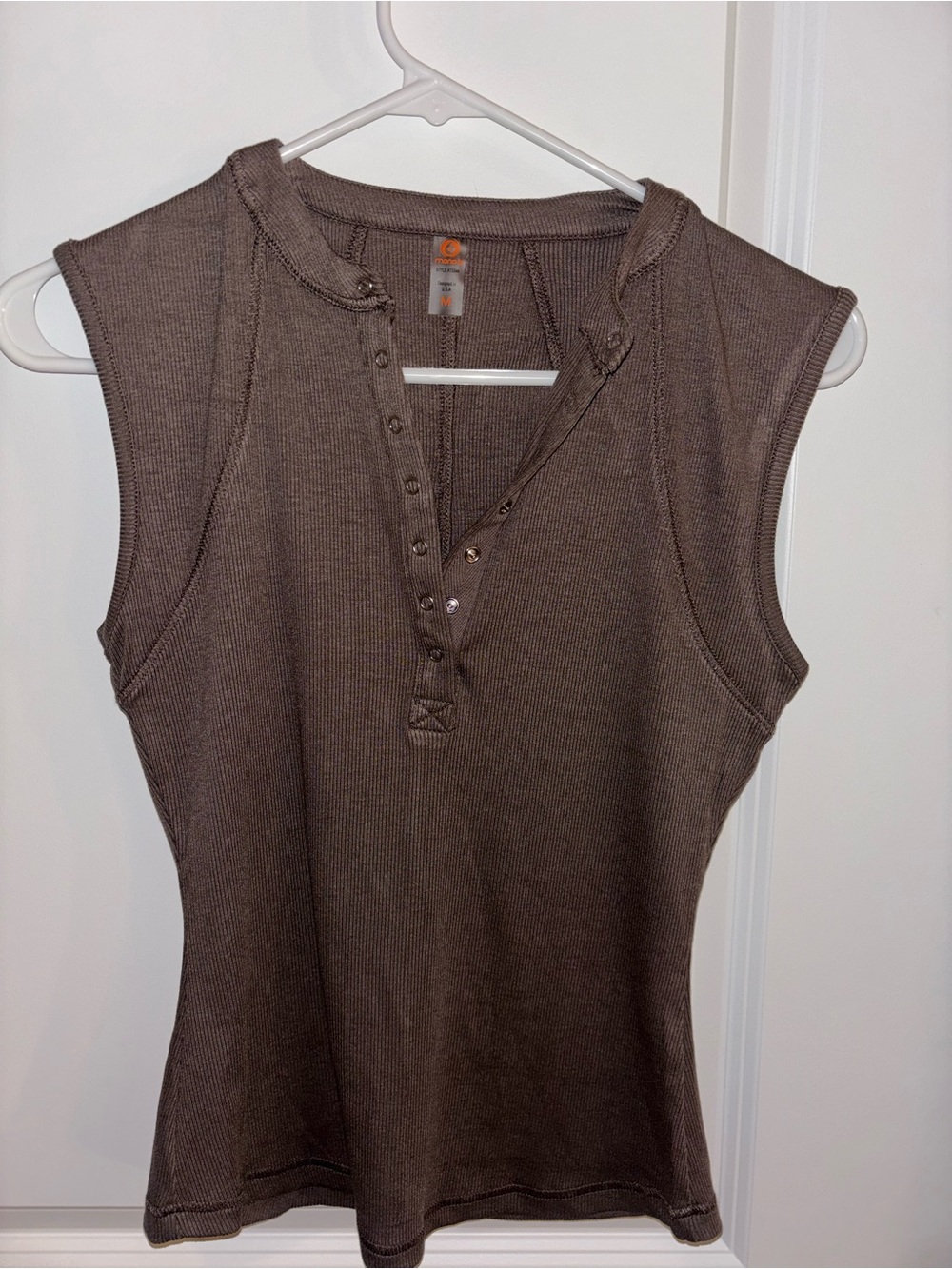 Mono B Brown Ribbed Henley Tank
